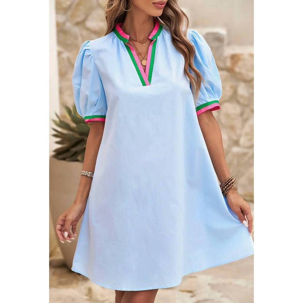 NEW LITTLE DAISY CLOSET contrast trim puff sleeve mini dress in blue